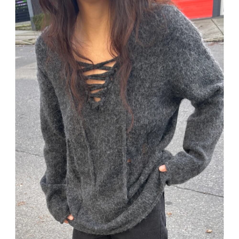 OAK+ FORT Lace Up Distressed Sweater V Neck Relaxed Fit Pullover, Asphalt Gray